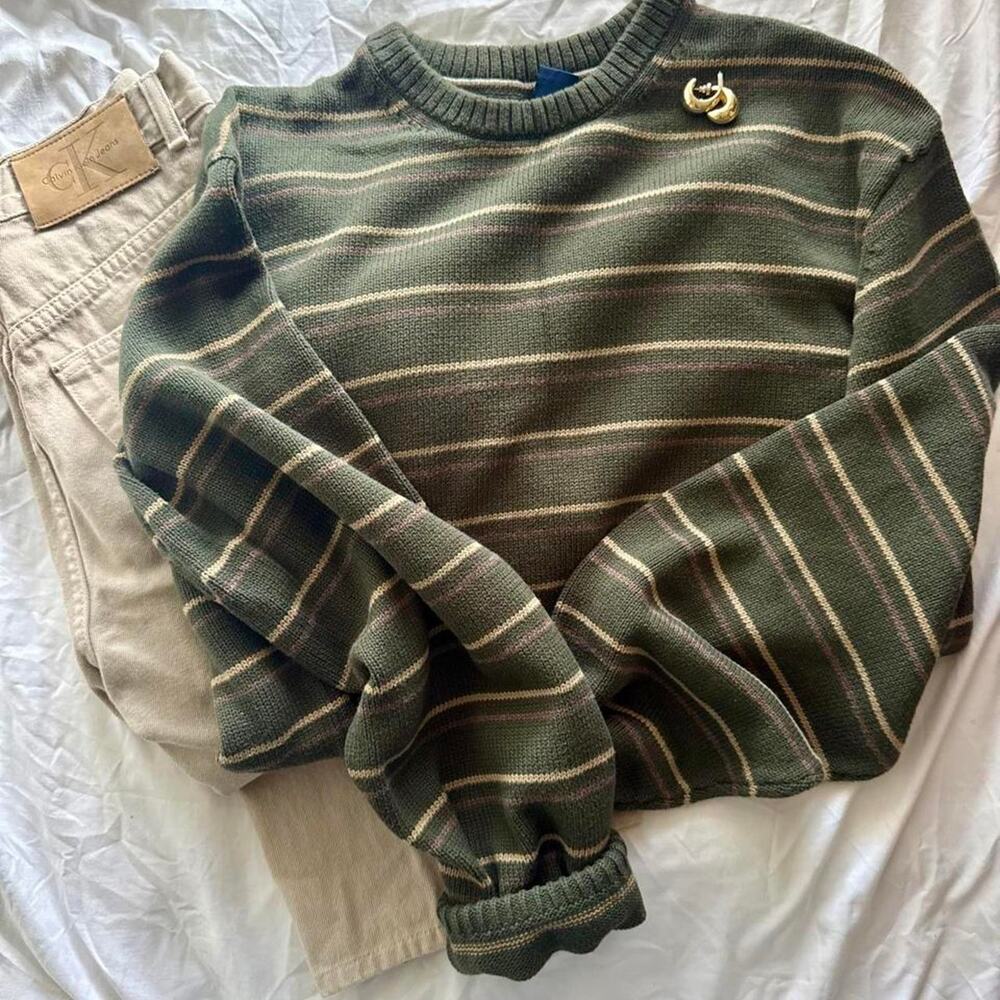Basic editions vintage olive green striped crewneck knit sweater